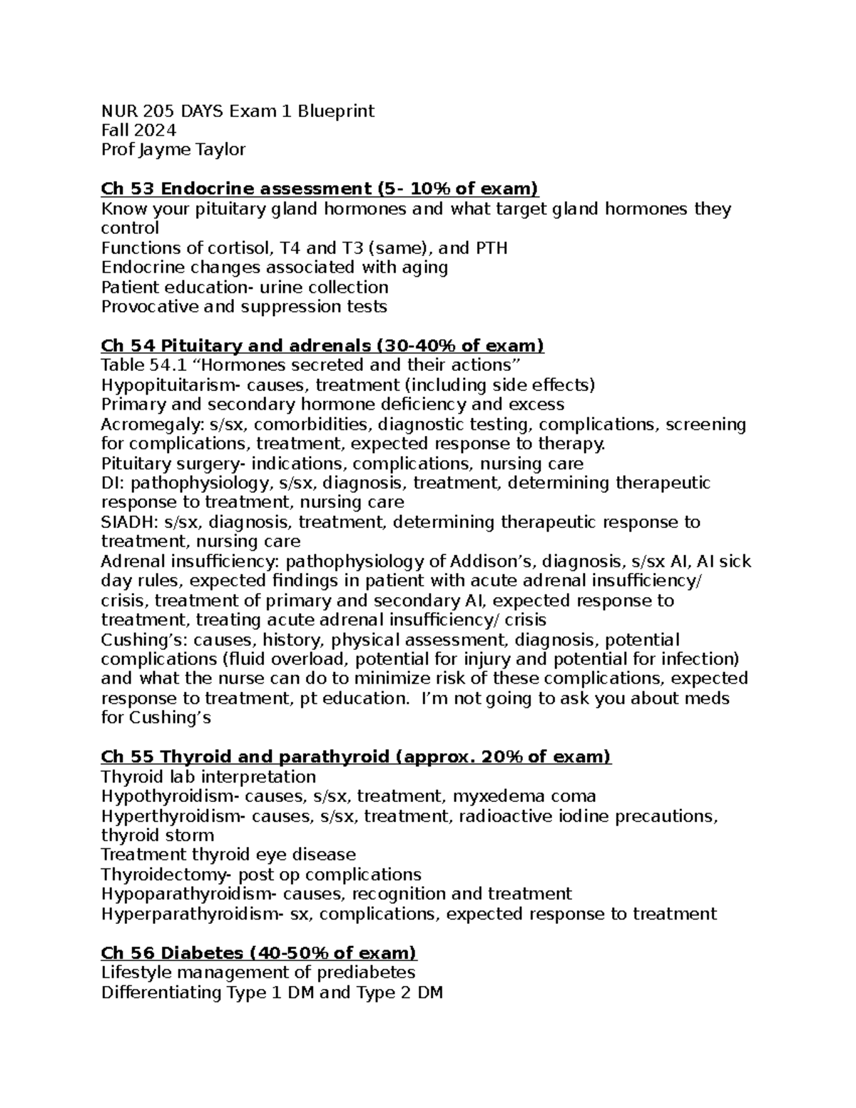 Ex 1 blueprint for days - NUR 205 DAYS Exam 1 Blueprint Fall 2024 Prof ...