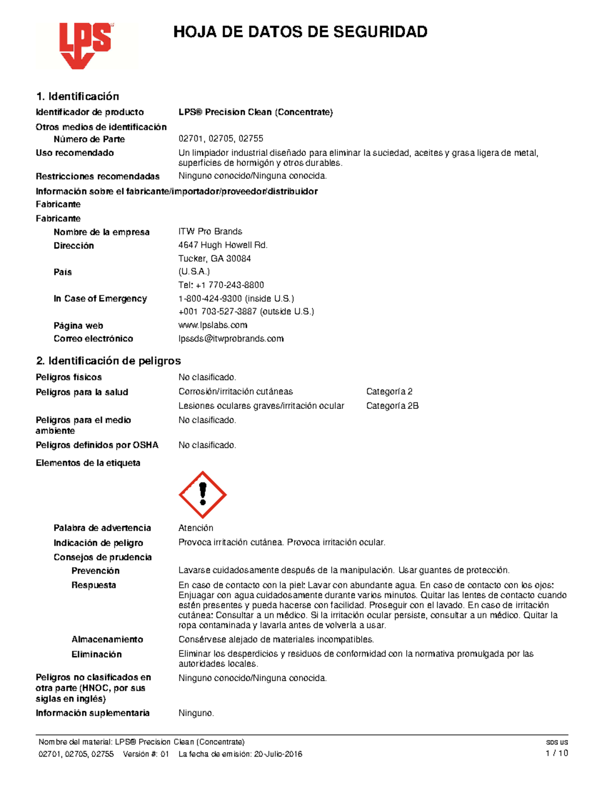 LPS precision clean hoja de seguridad HOJA DE DATOS DE SEGURIDAD 1