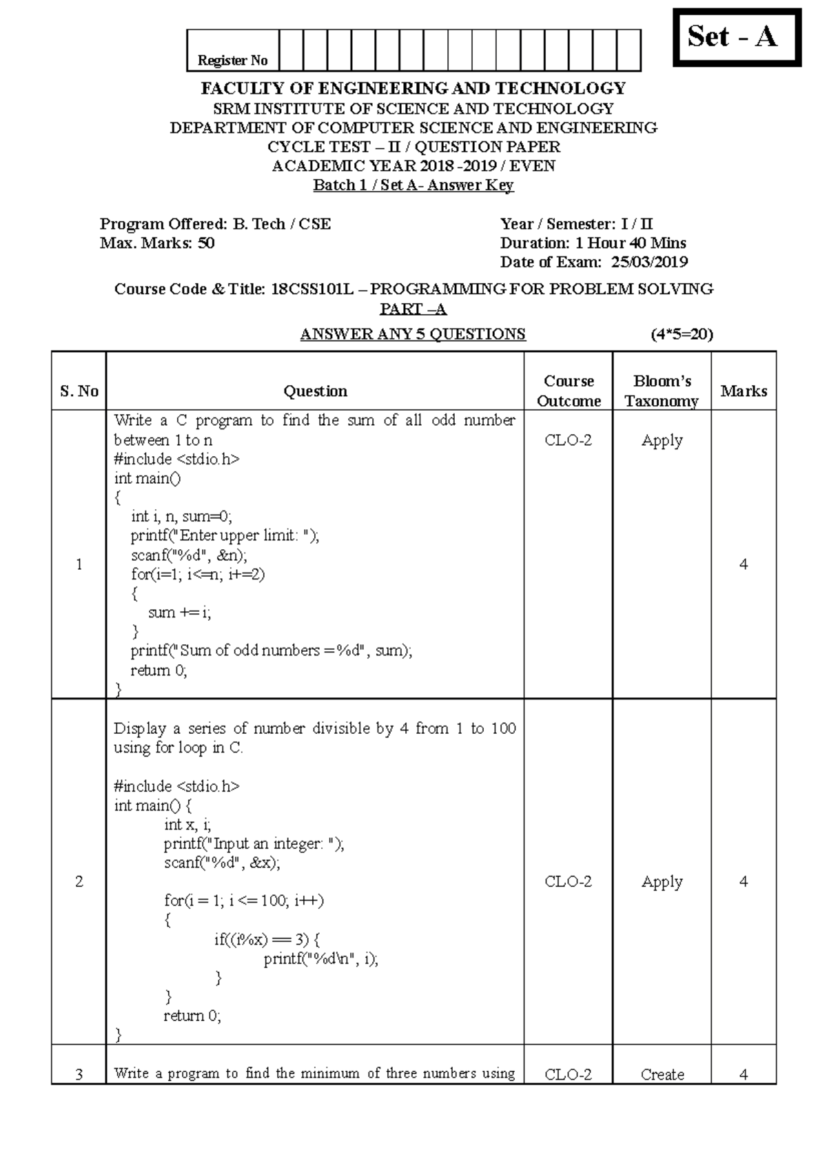 CTII Set A Answer Key Set A Register No FACULTY OF ENGINEERING AND