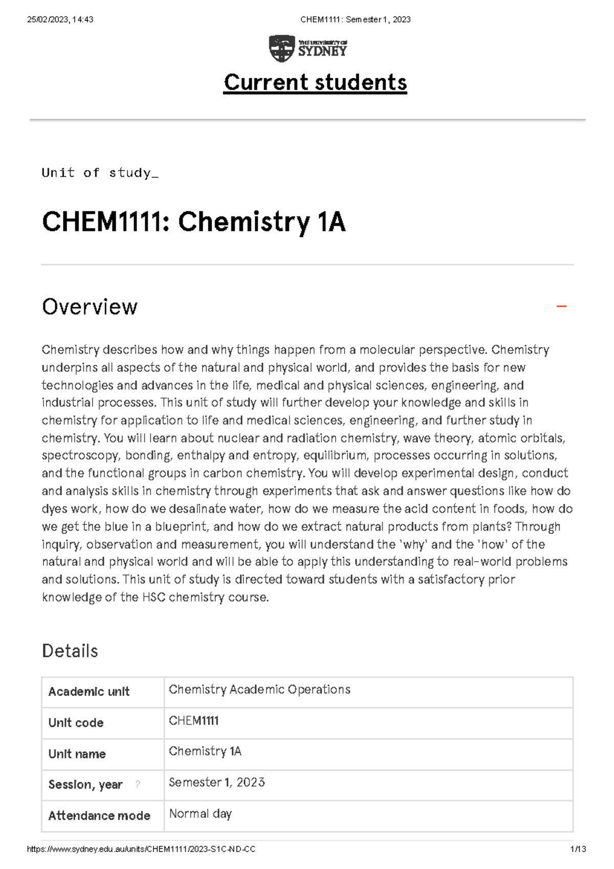 CHEM1111 UNIT Outline - Unit Of Study_ CHEM1111: Chemistry 1A Chemistry ...