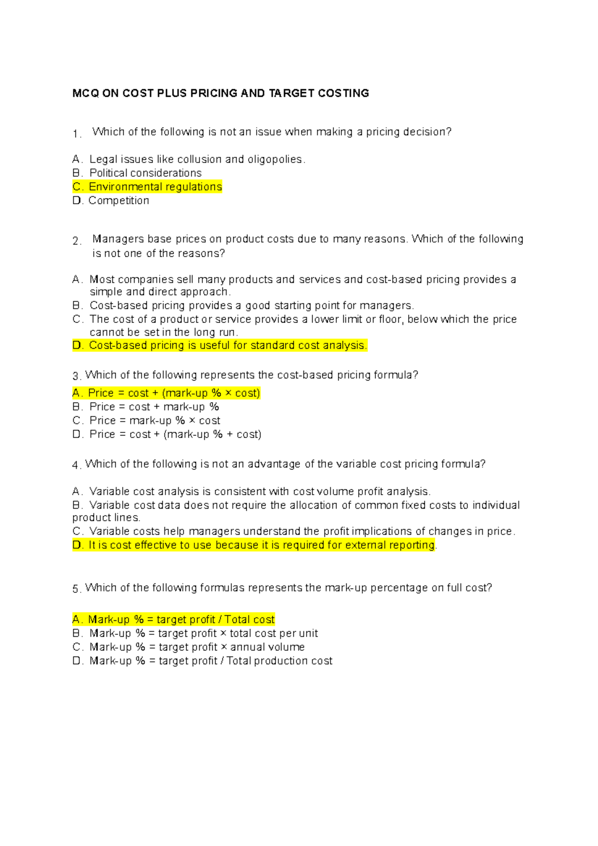 MCQ Cost Plus Pricing & Target Costing Q MCQ ON COST PLUS PRICING AND