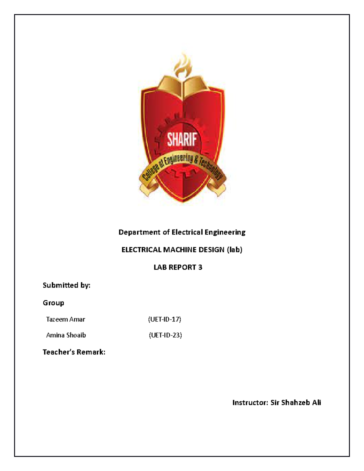 Machine lab task 3 Department of Electrical Engineering ELECTRICAL