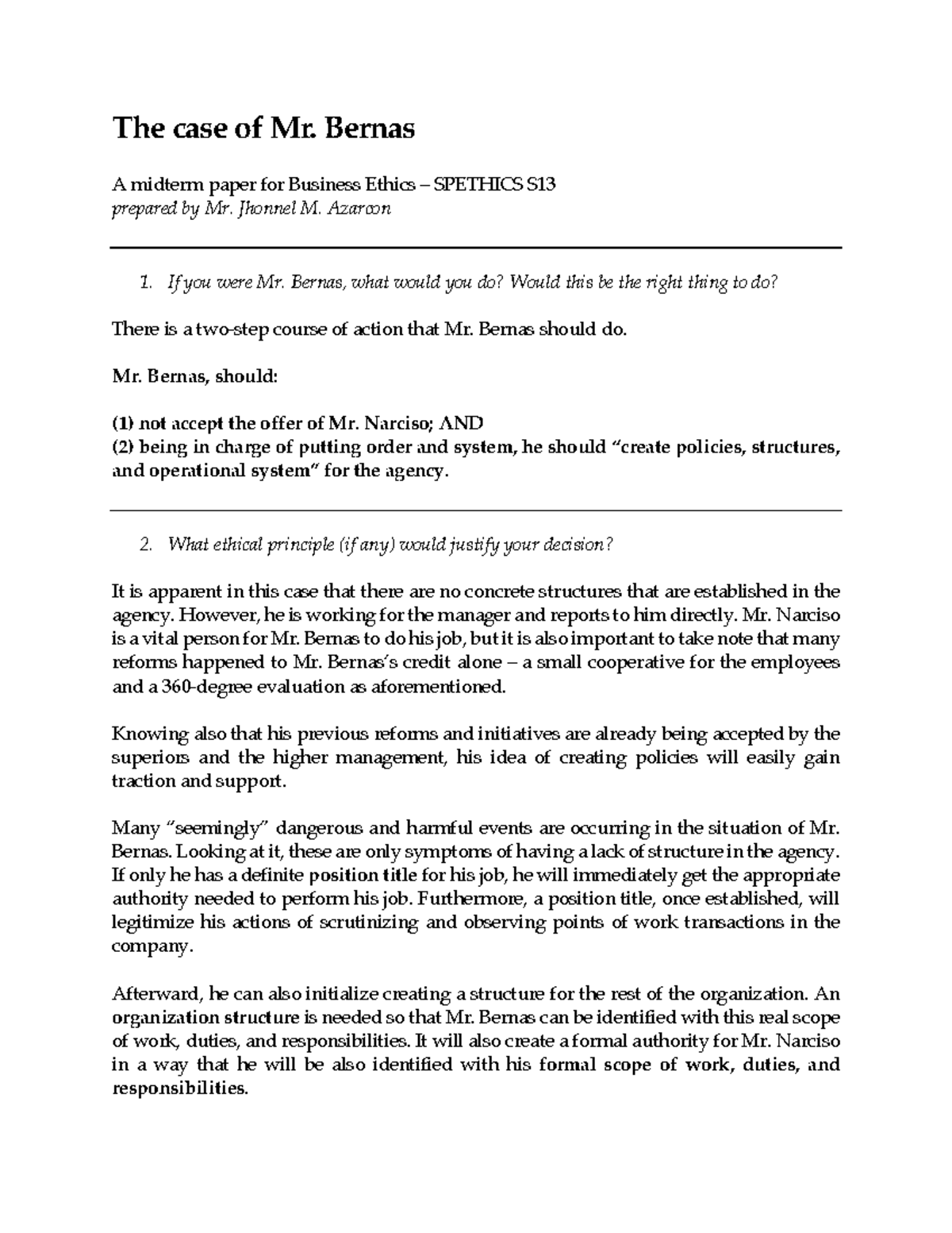 Nel Azarcon - Spethics S13 - Midterm (Bernas Case) - The Case Of Mr ...