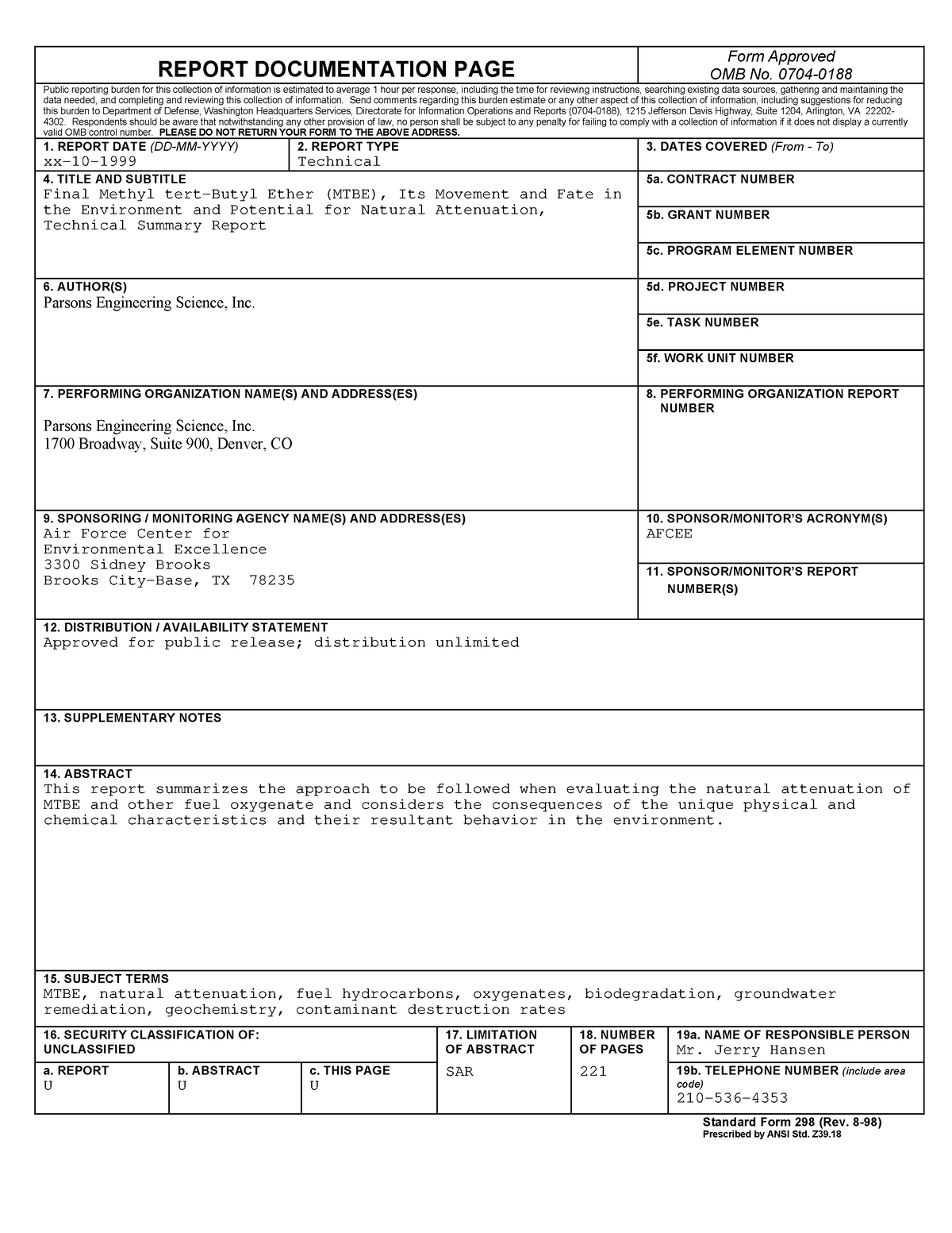 MTBE movement and fate - quimica - REPORT DOCUMENTATION PAGE OMB No ...