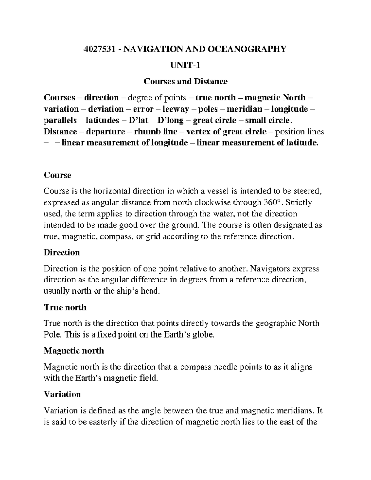 Navigation Unit-1 - 4027531 - NAVIGATION AND OCEANOGRAPHY UNIT- Courses ...