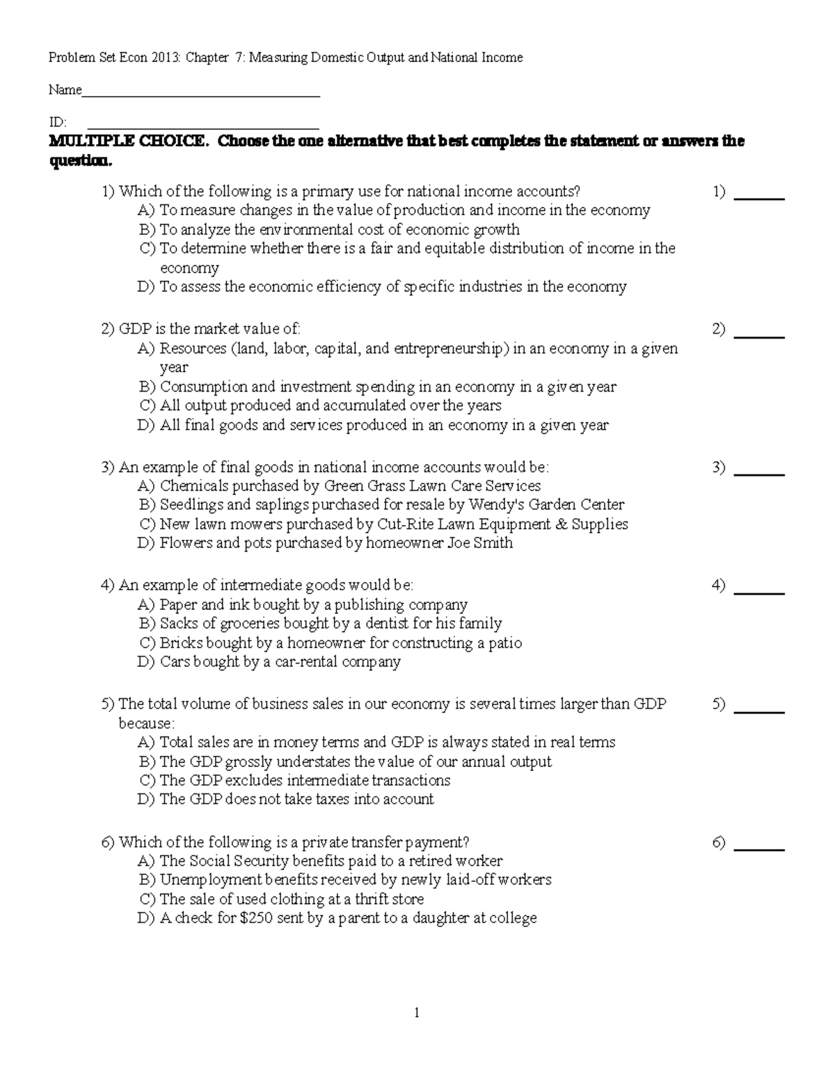 Econ 2013 Problem Set CH7 - Problem Set Econ 2013: Chapter 7: Measuring ...
