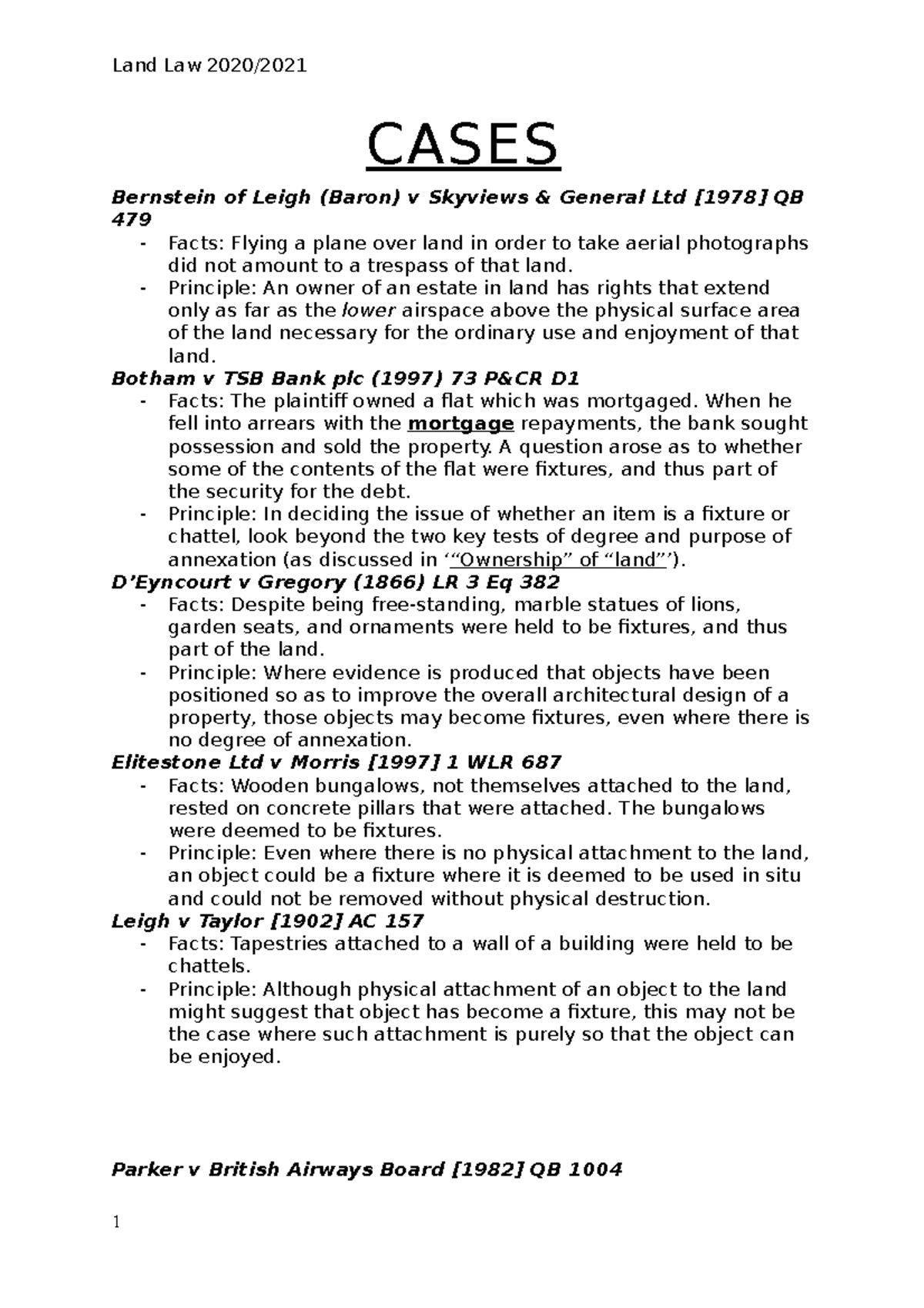 Cases for semester 1 land law CASES Bernstein of Leigh (Baron) v Skyviews & General Ltd [1978