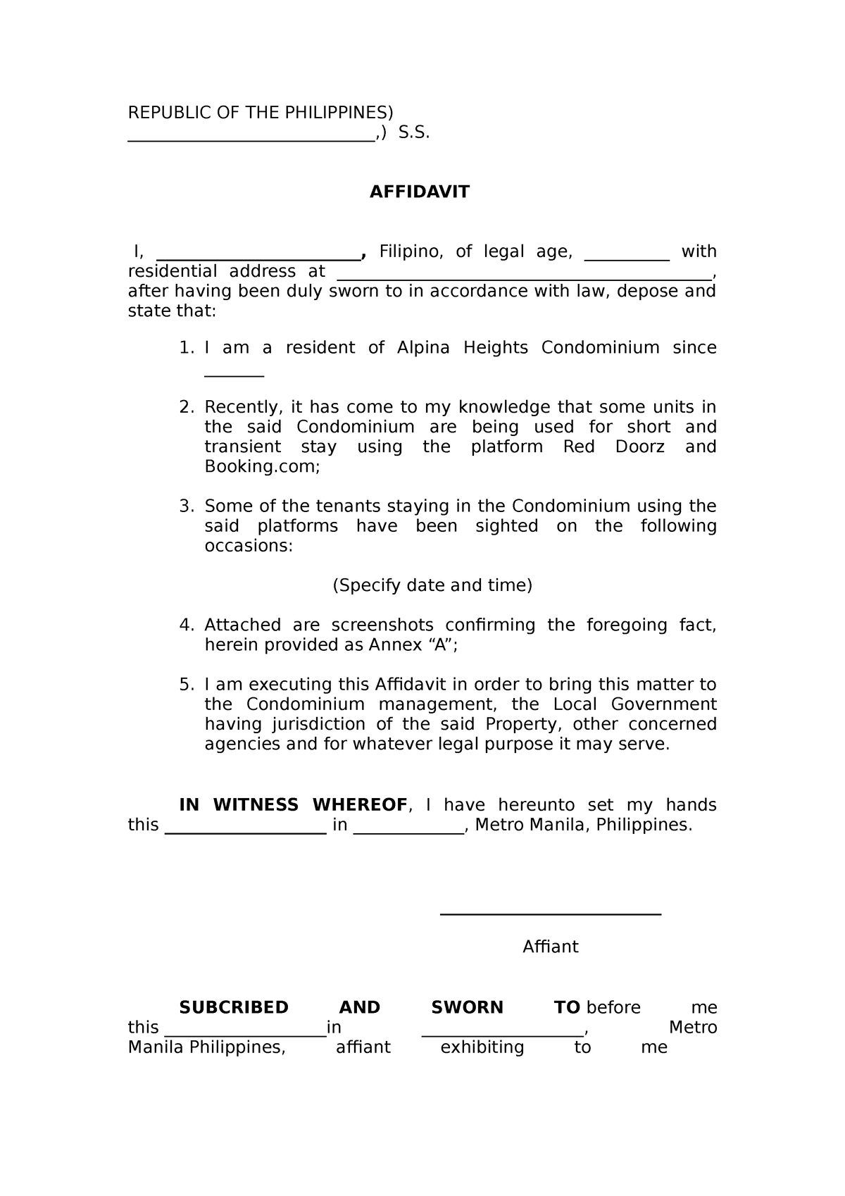 Affidavit Of Residency Template Republic Of The Philippines S 7806