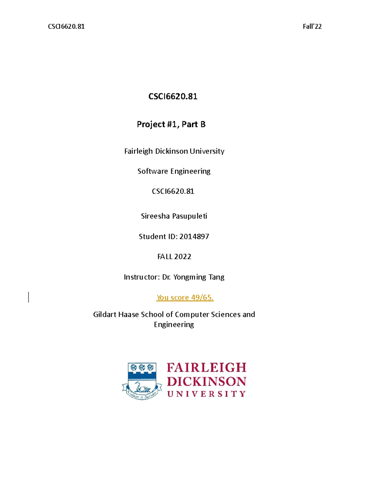 SE Project 1 Part B - CSCI6620. Project #1, Part B Fairleigh Dickinson ...