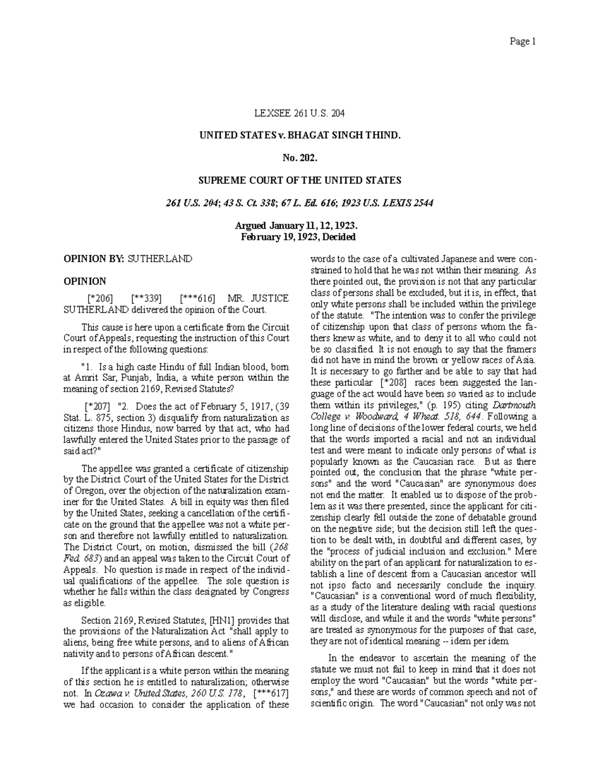 United States V. Thind - Court Case - Page 1 LEXSEE 261 U. 204 UNITED ...