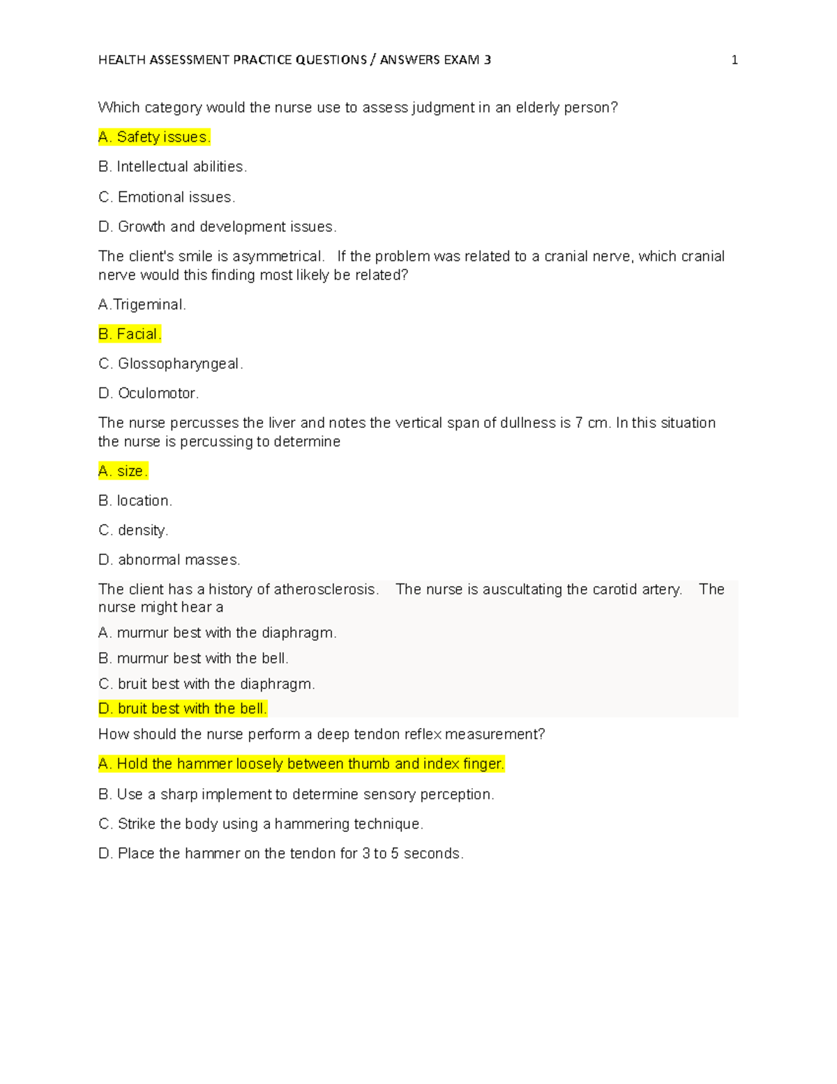 HA Exam 3 practice Answers HEALTH ASSESSMENT PRACTICE QUESTIONS