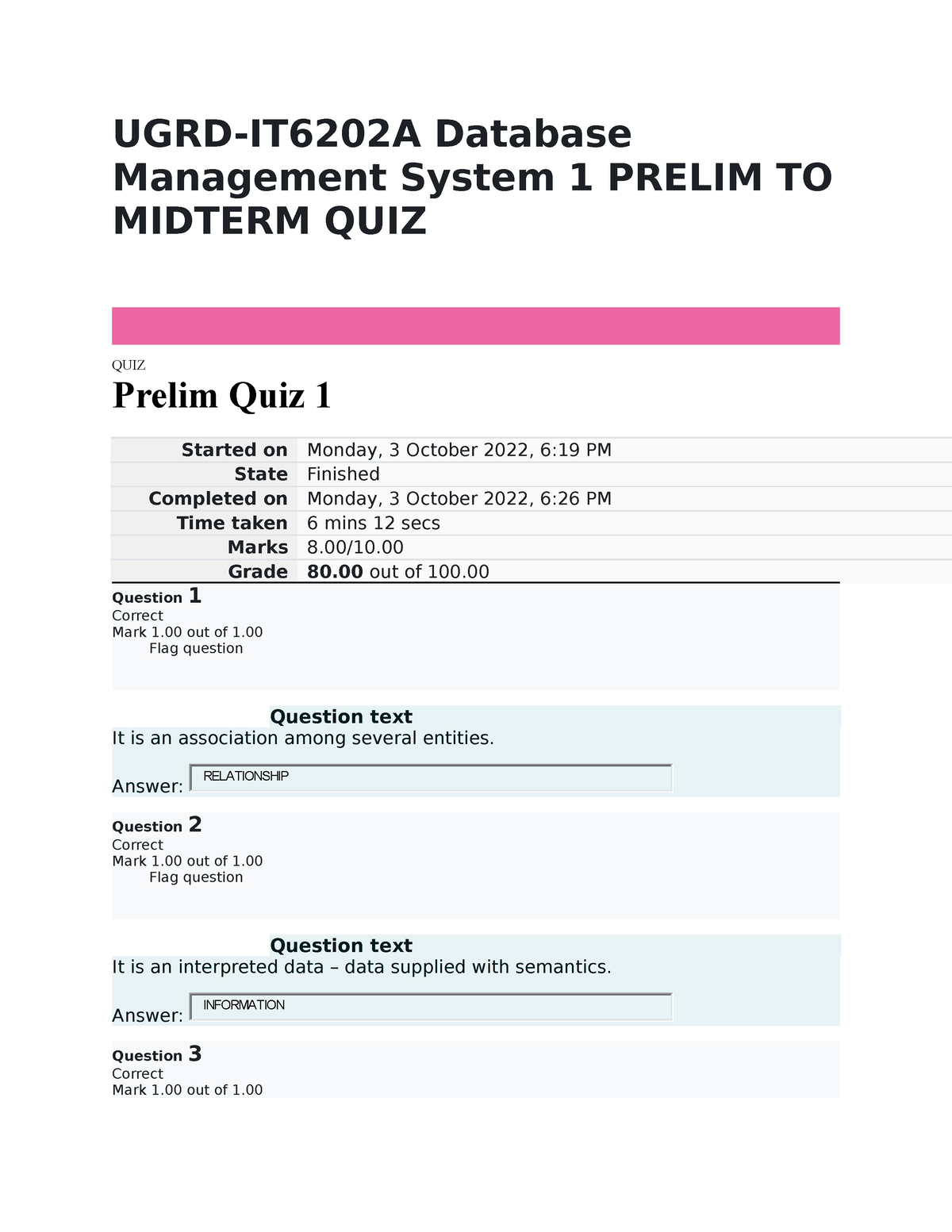 A Database Management System 1 Prelim TO Midterm QUIZ - UGRD-IT6202A ...