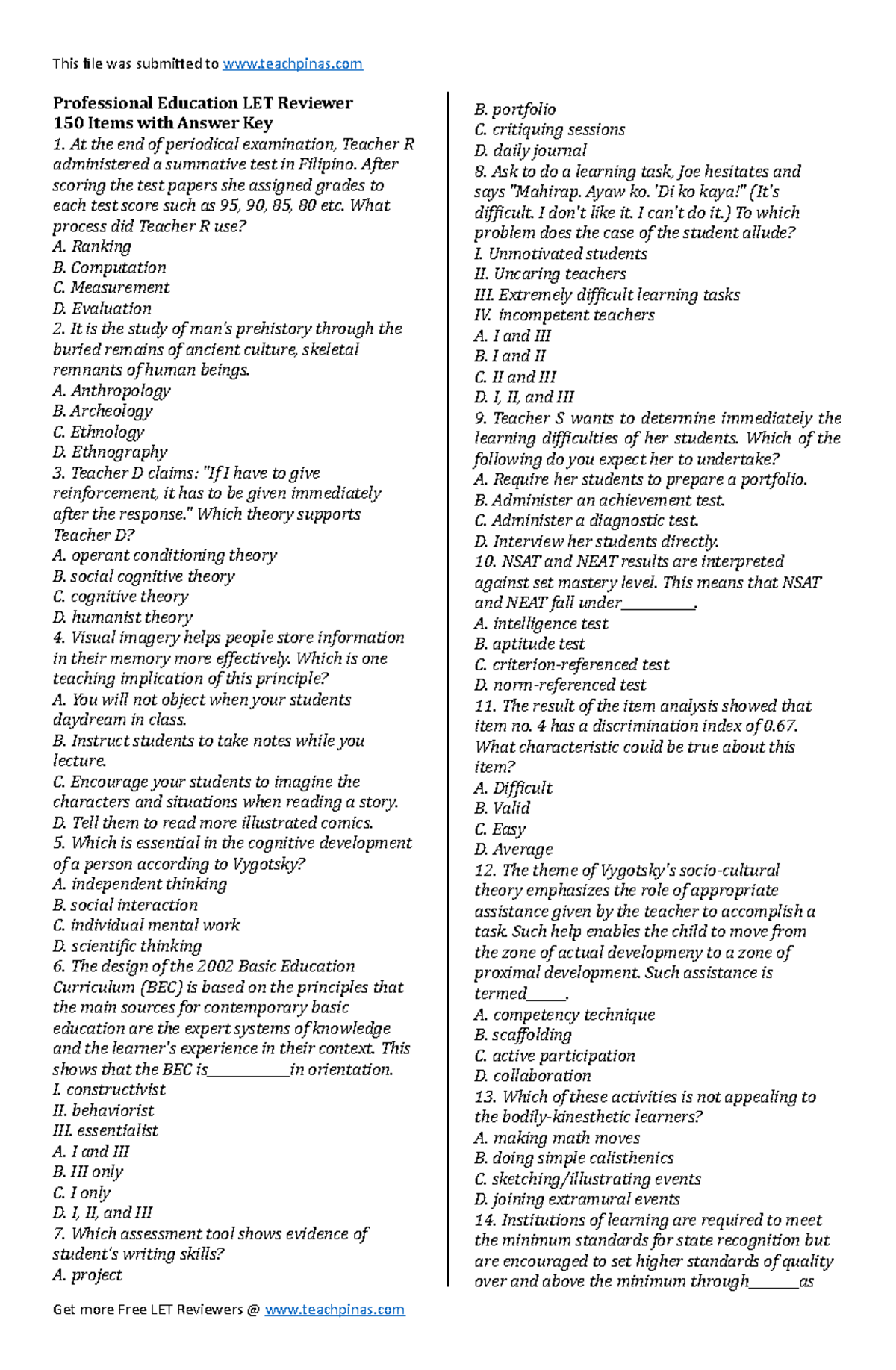 Part 1 Professional Education - Professional Education LET Reviewer 150 ...