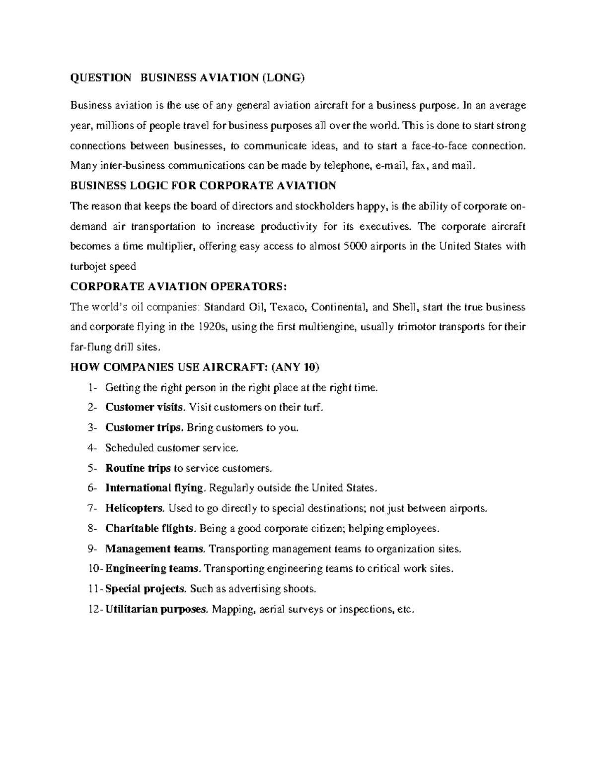 Business Aviation QUESTION BUSINESS AVIATION (LONG) Business aviation