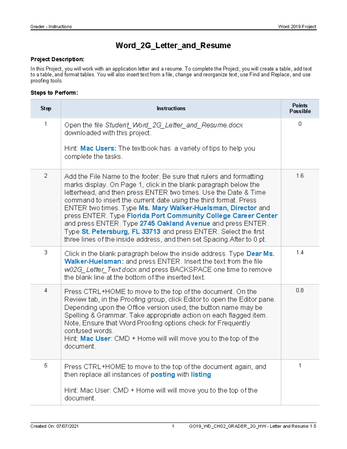 Word 2G Letter and Resume Instructions - Grader - Instructions Word ...