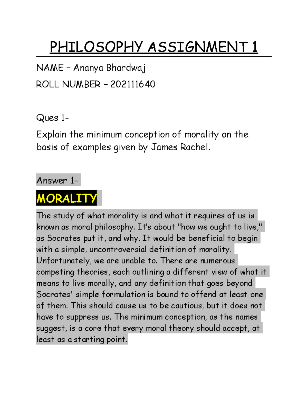 Philosophy Assignment 1 - PHILOSOPHY ASSIGNMENT 1 NAME – Ananya ...