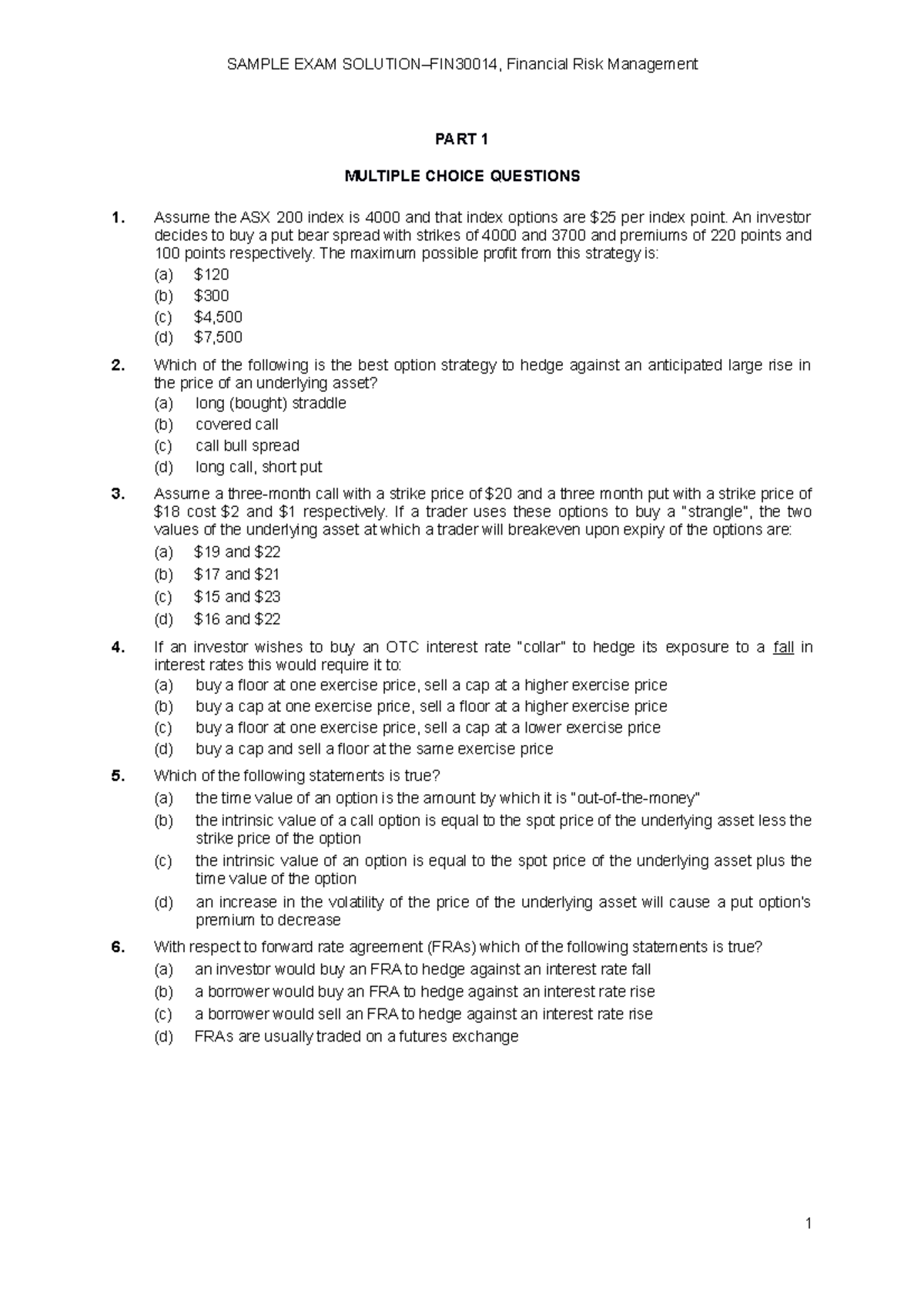 Sample Exam FIN30014 Solution goof for students - PART 1 MULTIPLE ...