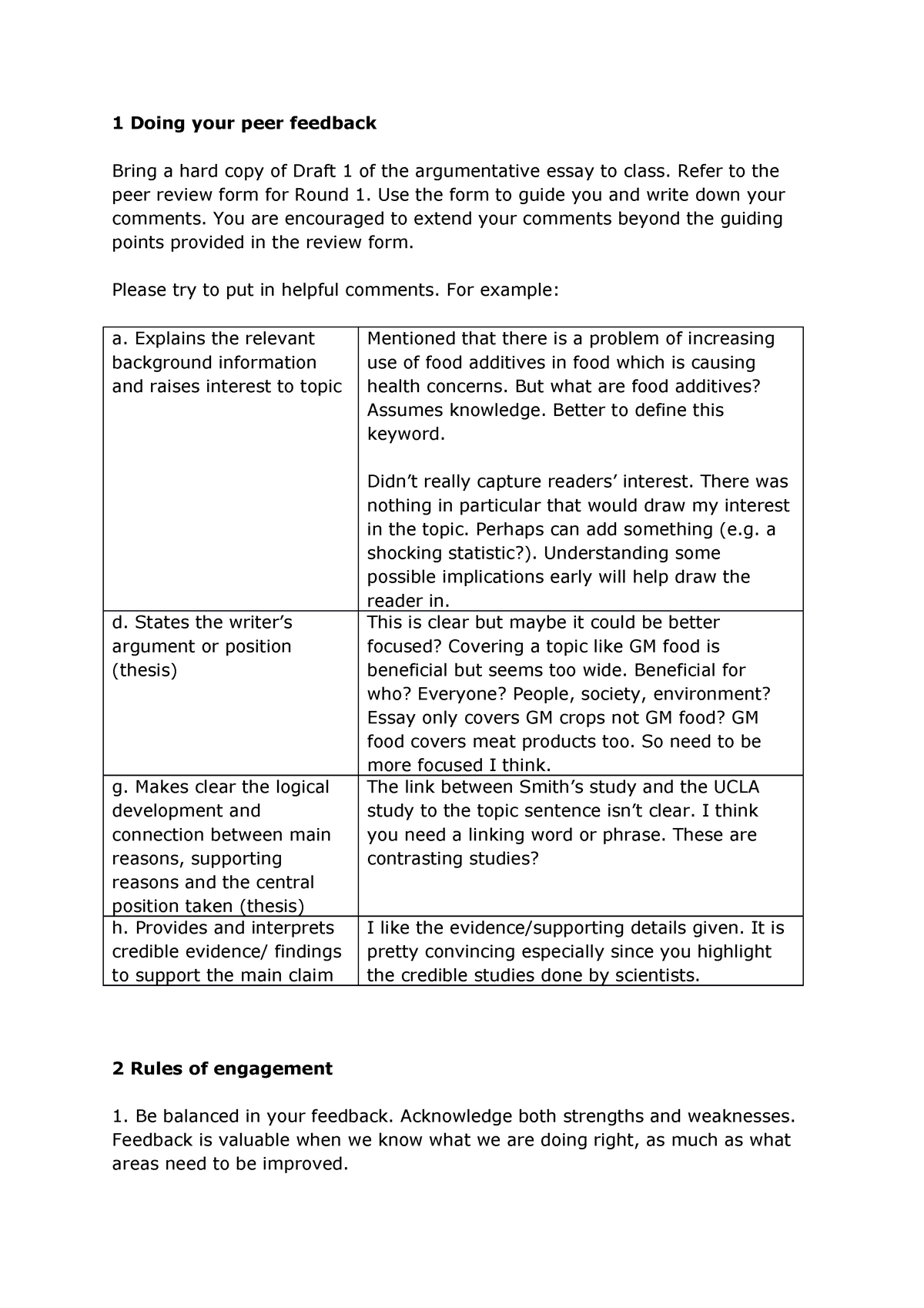 Doing Your Peer Feedback 1 Doing Your Peer Feedback Bring A Hard Copy Of Draft 1 Of The Studocu