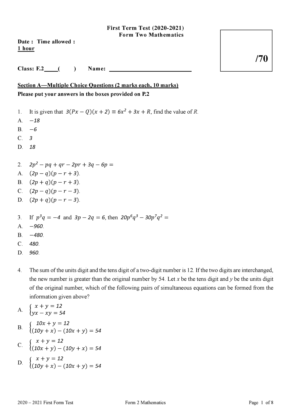 2020-21-S2 Maths - good - First Term Test (2020-2021) Form Two ...