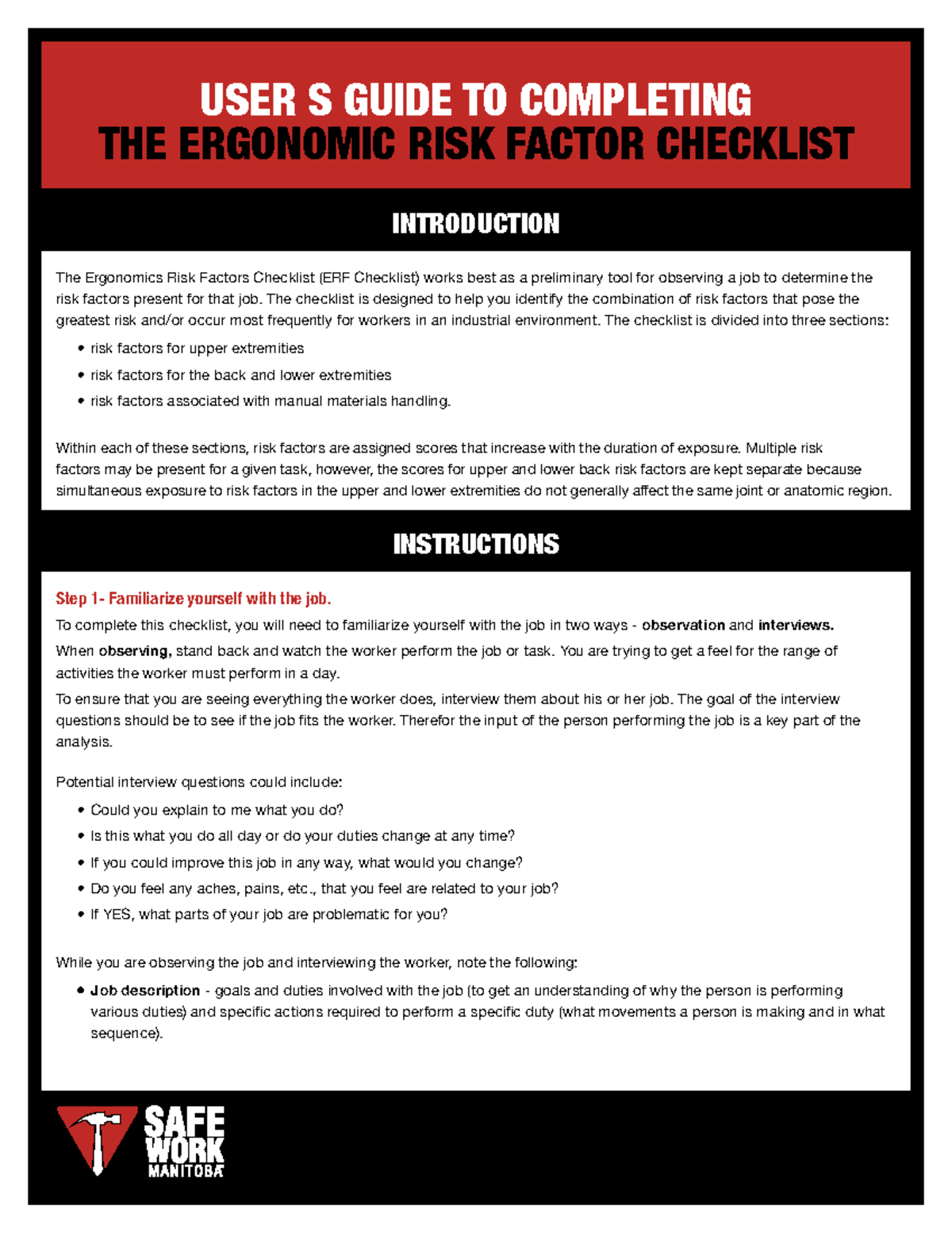 Manitoba Ergo Risk Factor Checklist - USER’S GUIDE TO COMPLETING THE ...