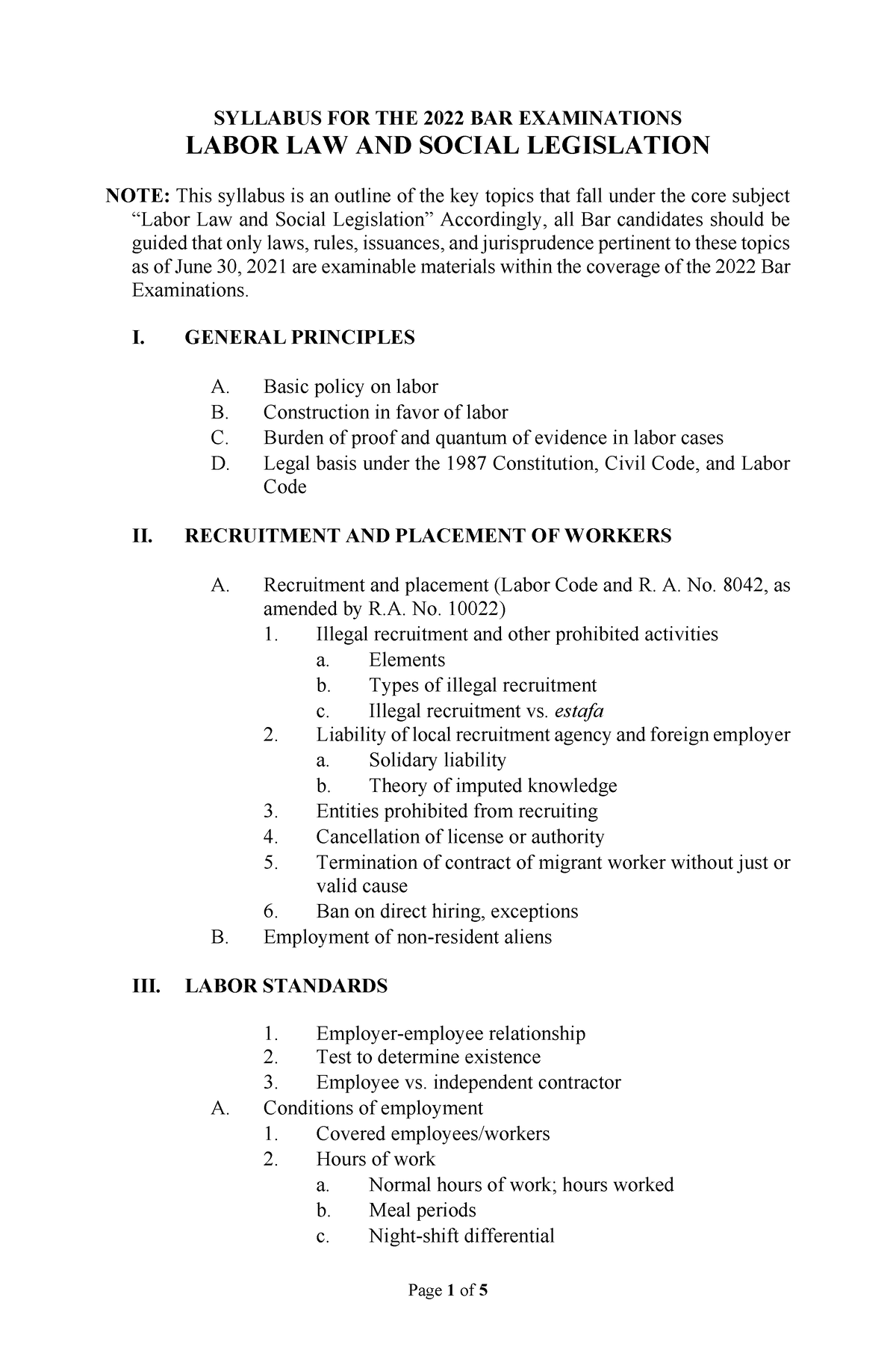 Labor Syllabus FOR THE 2022 BAR Examinations SYLLABUS FOR THE 2022