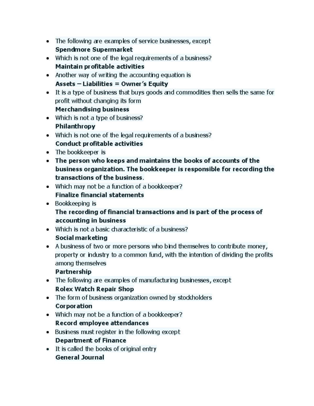 Theory for CB - NA For the summary of our course - The following are ...