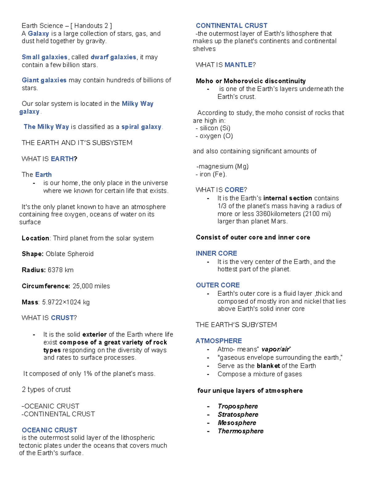 Earth Science Handouts 2 - Earth Science – [ Handouts 2 ] A Galaxy is a ...