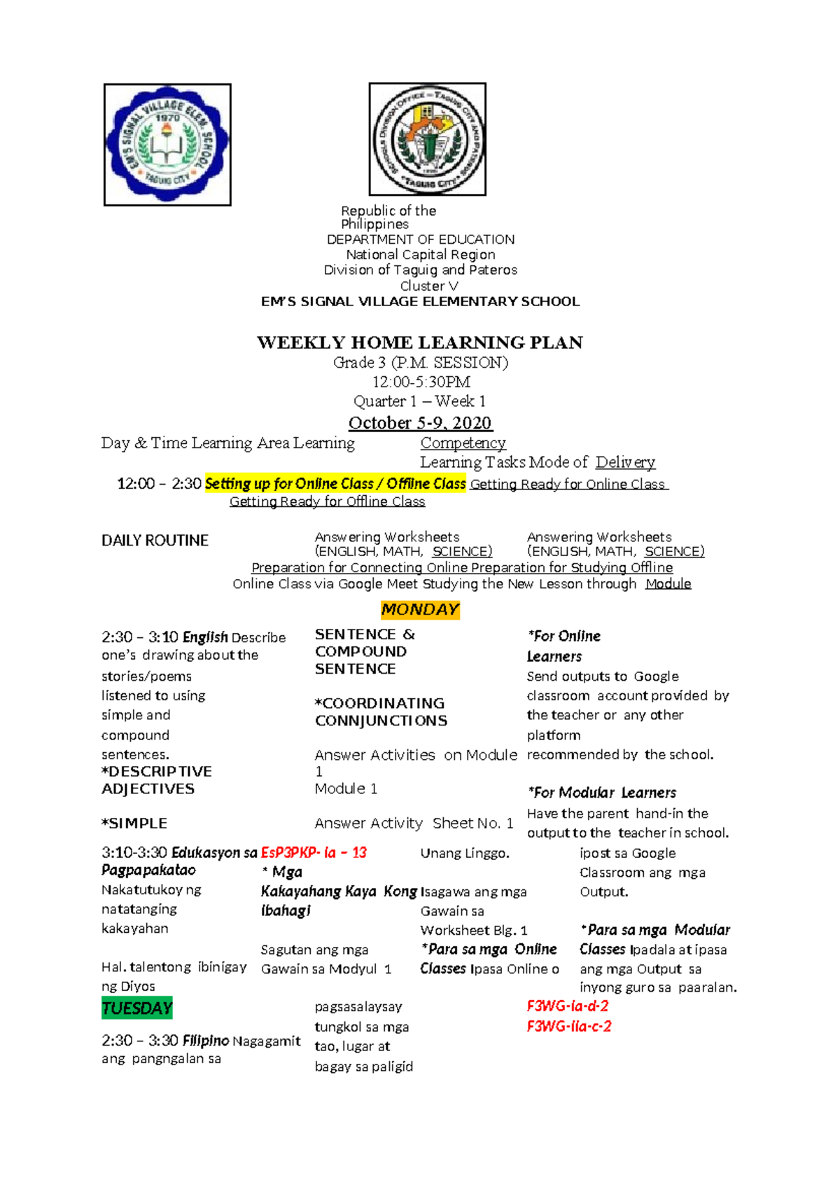 Sample- Weekly-HOME- Learning-PLAN - Republic of the Philippines ...