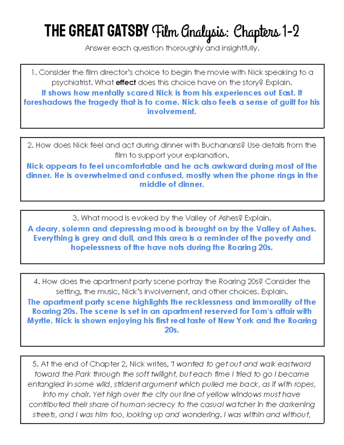 critical thinking and analysis for the great gatsby answers