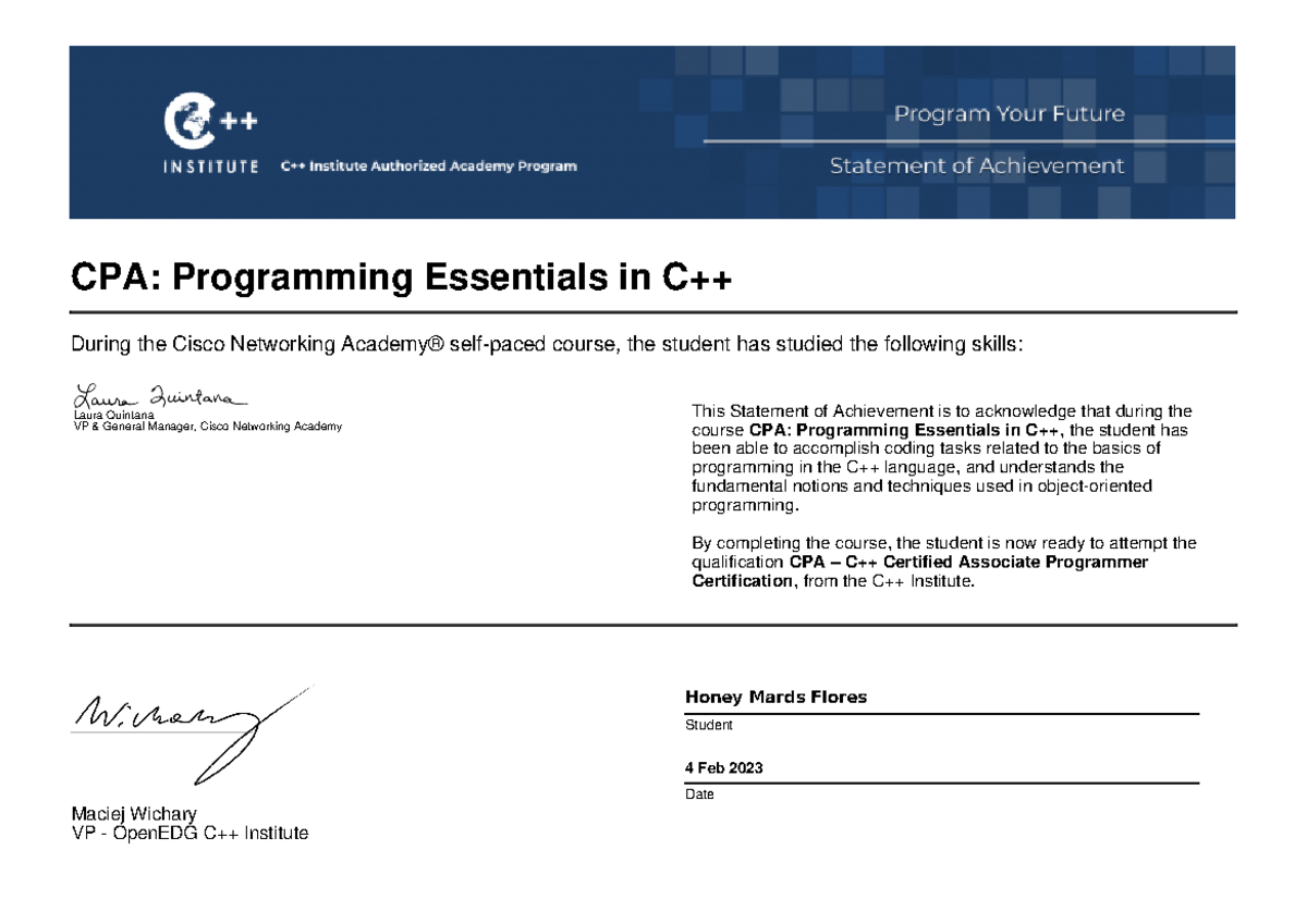 Honey Mards Flores-Under Grad-ITE610-certificate - CPA: Programming ...
