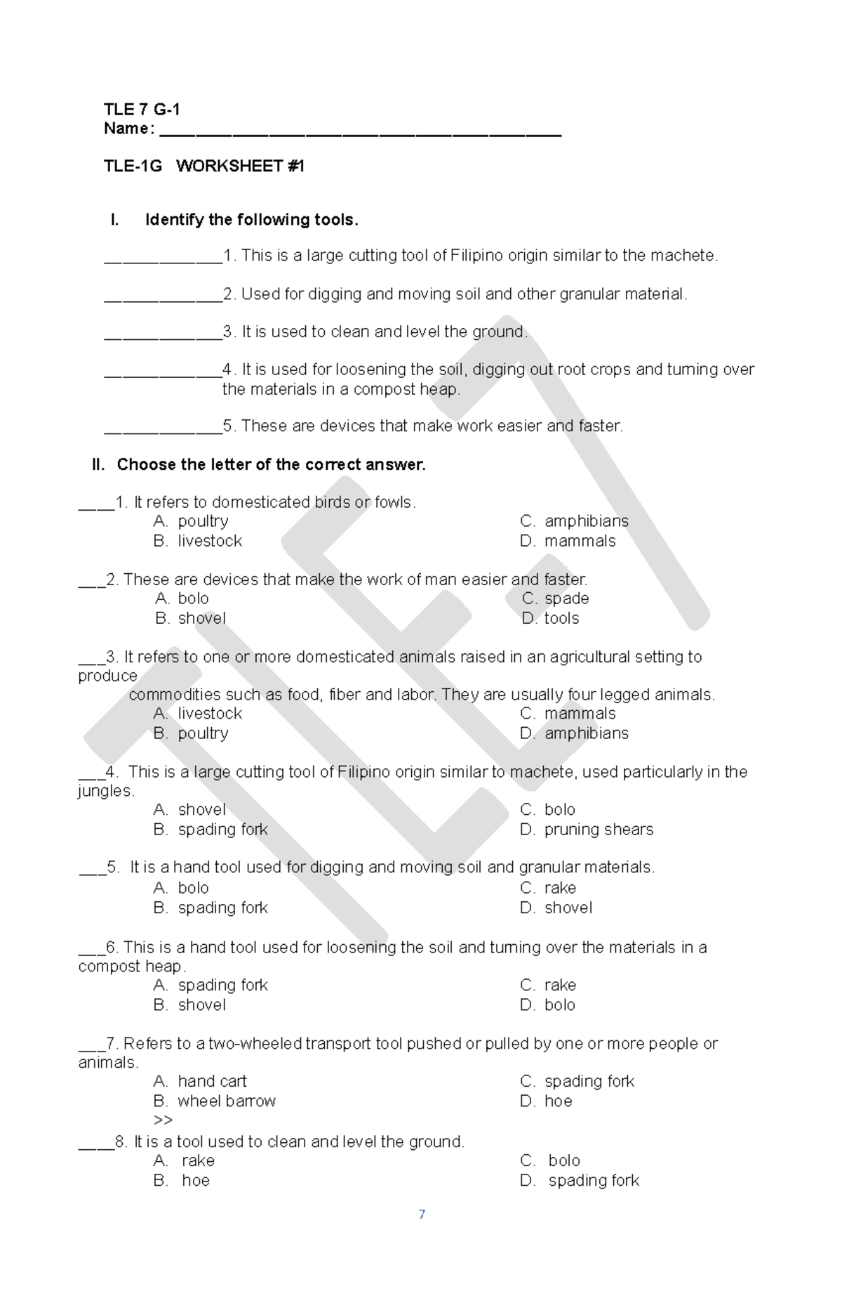 Tle Worksheets Dll Tle 7 G Name Tle 1g