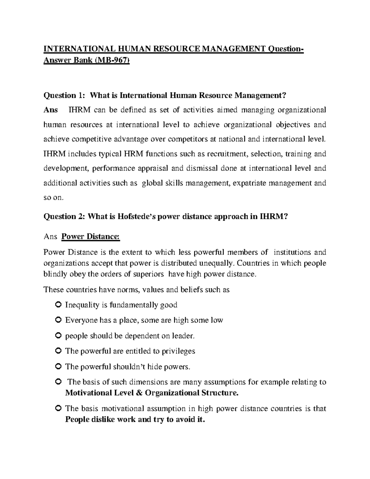 IHRM Content - IHRM text questions - INTERNATIONAL HUMAN RESOURCE ...