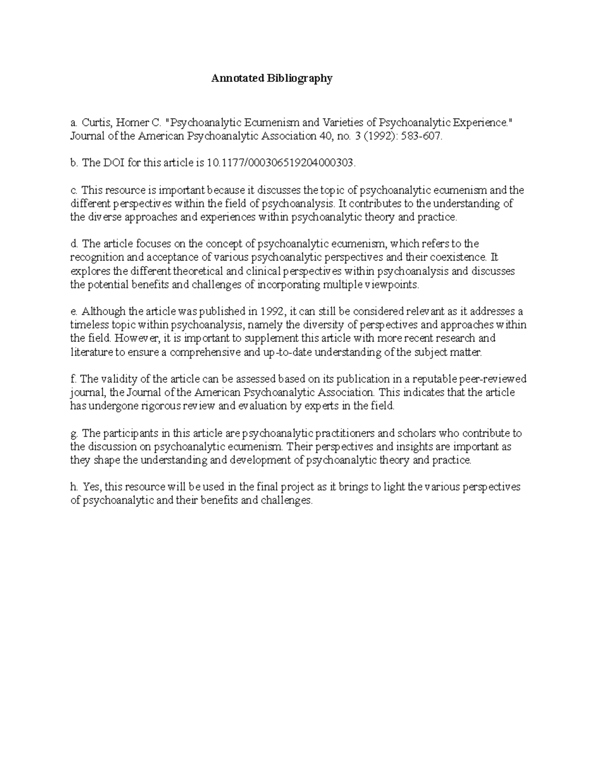 Annotated Bibliography on Psychoanalytic Perspectives and Applications