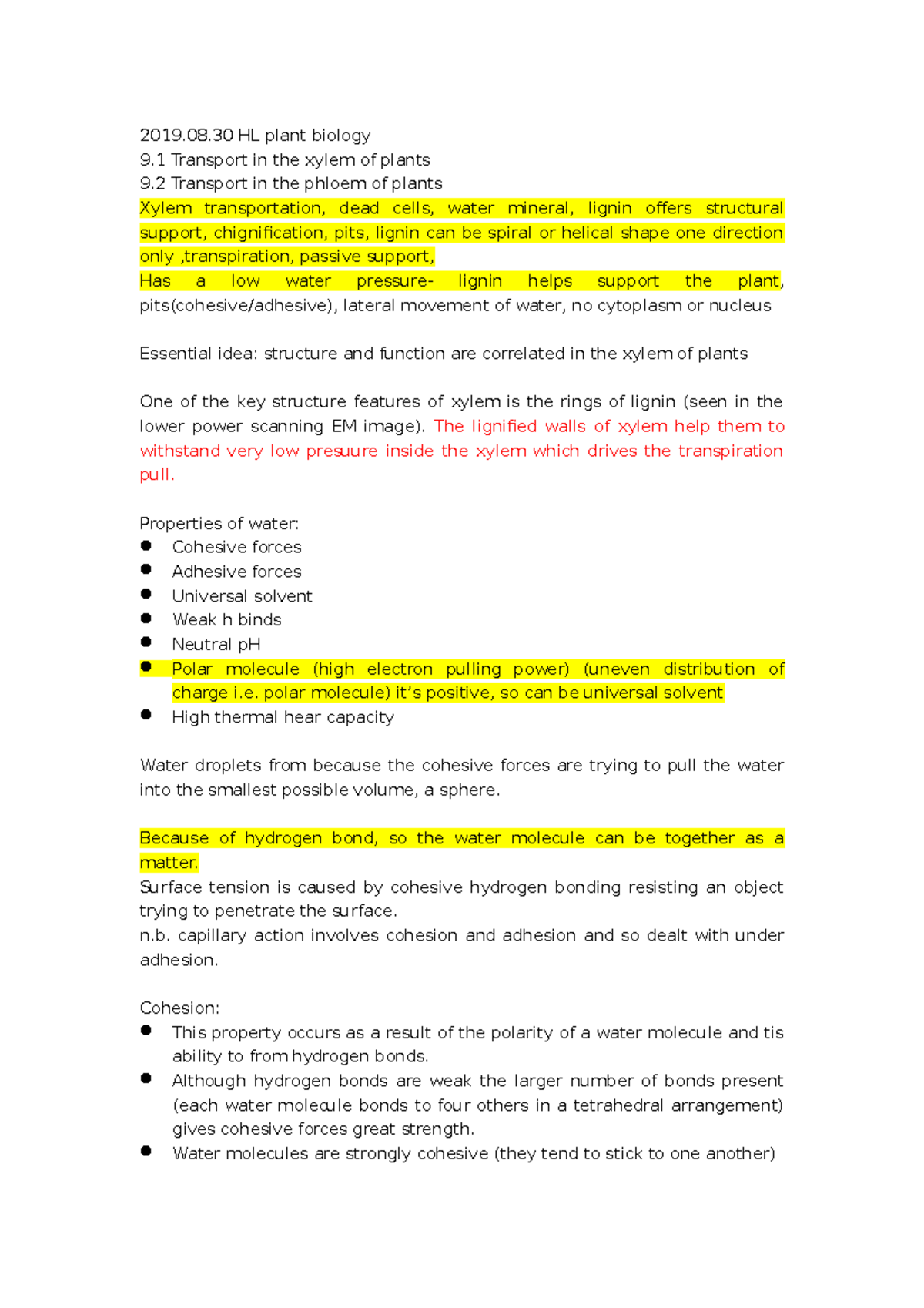 Biology hl notes including all topics(2020 syllabus) 2019.08 HL plant