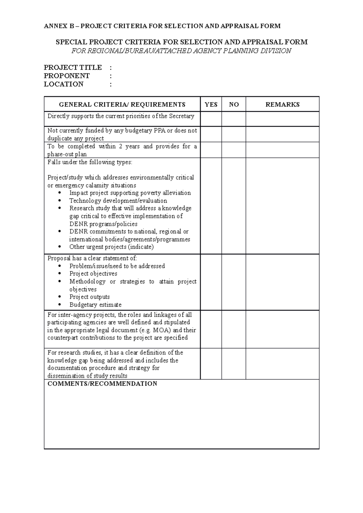 Annex B Evaluation Form - ANNEX B – PROJECT CRITERIA FOR SELECTION AND ...