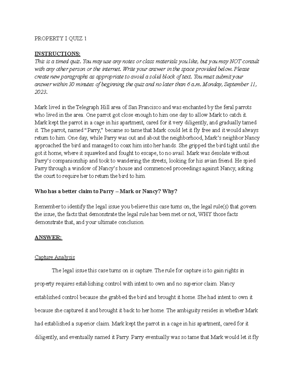 Property I QUIZ 1 N/A PROPERTY I QUIZ 1 INSTRUCTIONS This is a