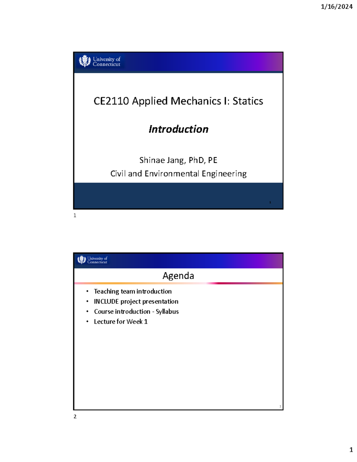 W1. Slides(6) - CE2110 Applied Mechanics I: Statics Introduction Shinae ...
