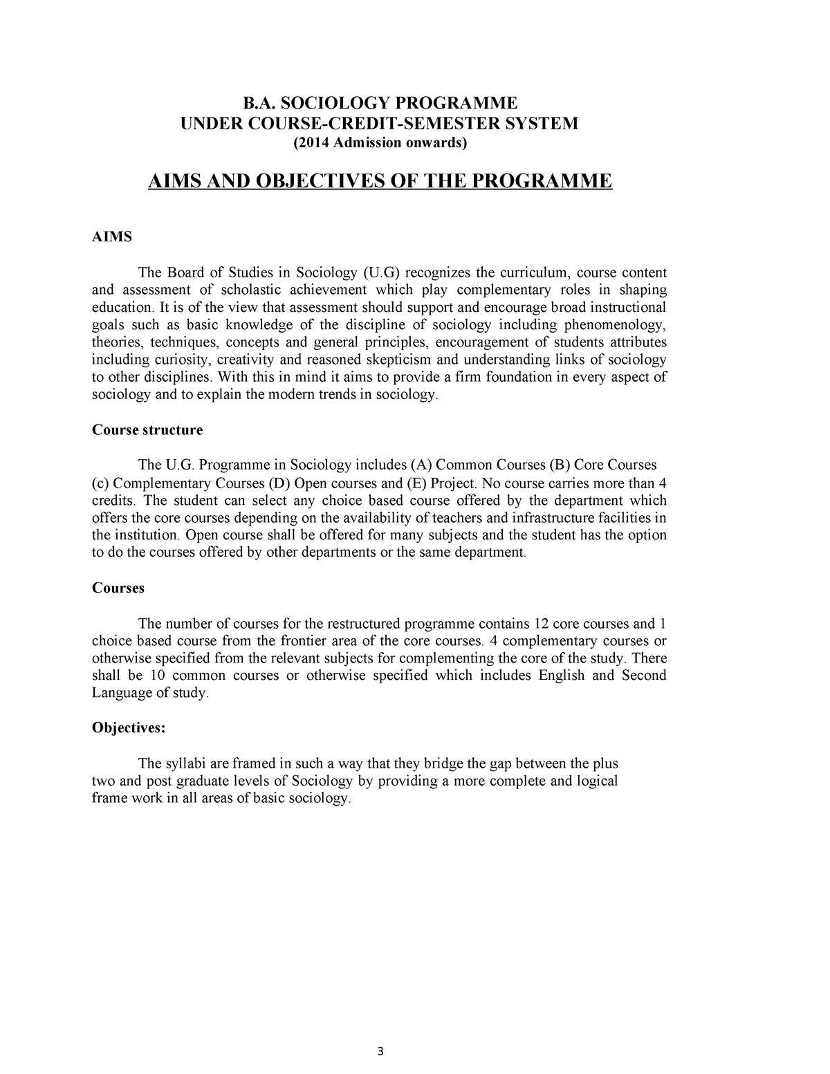 Aim - Aims - B. SOCIOLOGY PROGRAMME UNDER COURSE-CREDIT-SEMESTER SYSTEM ...