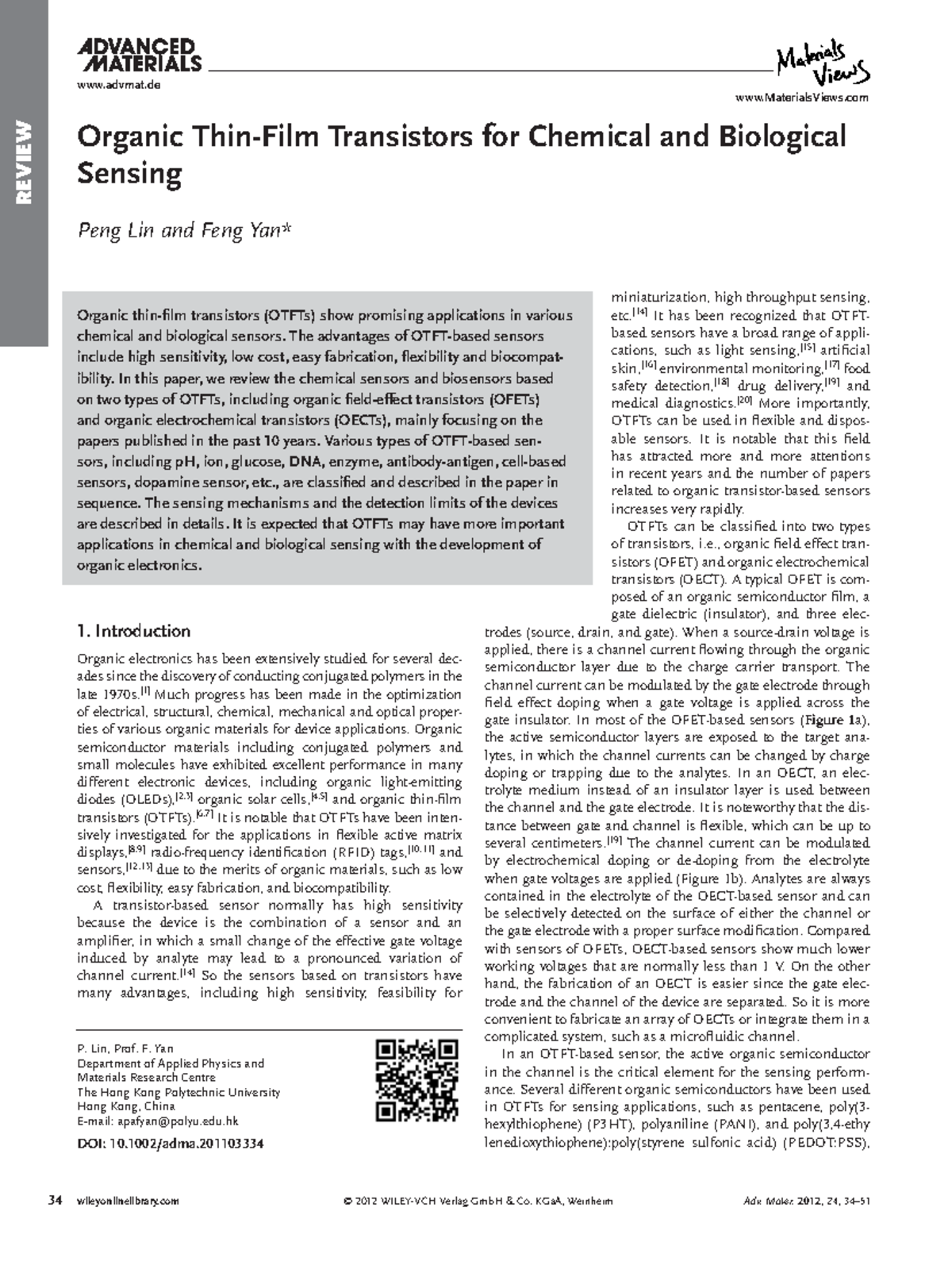 Advanced Materials 2011 Lin Organic Thin‐Film Transistors for