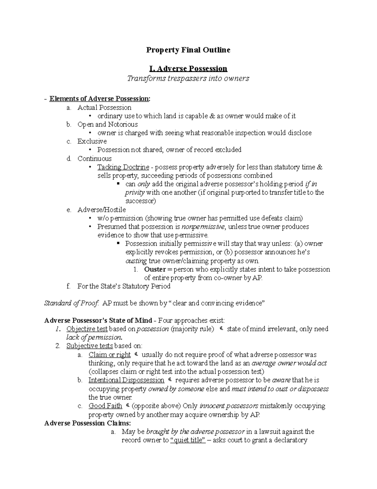 Property Law Outline - 1 - Property Final Outline I. Adverse Possession ...
