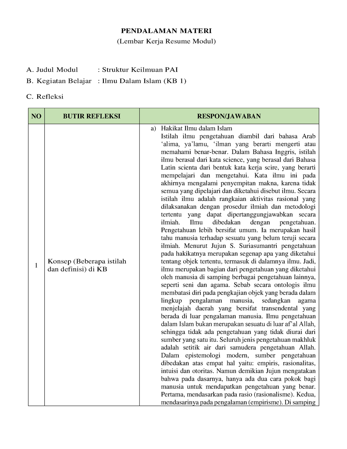 KB 1 Struktur Keilmuan PAI - PENDALAMAN MATERI (Lembar Kerja Resume ...