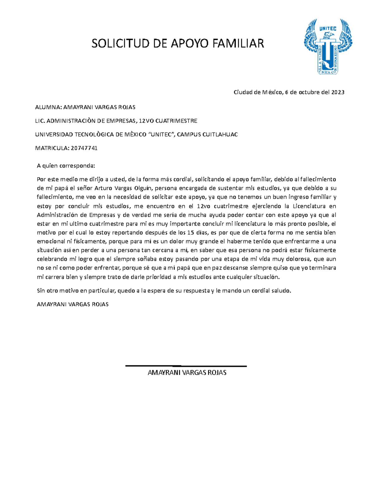 Solicitud de apoyo - A quien corresponda: Por este medio me dirijo a ...