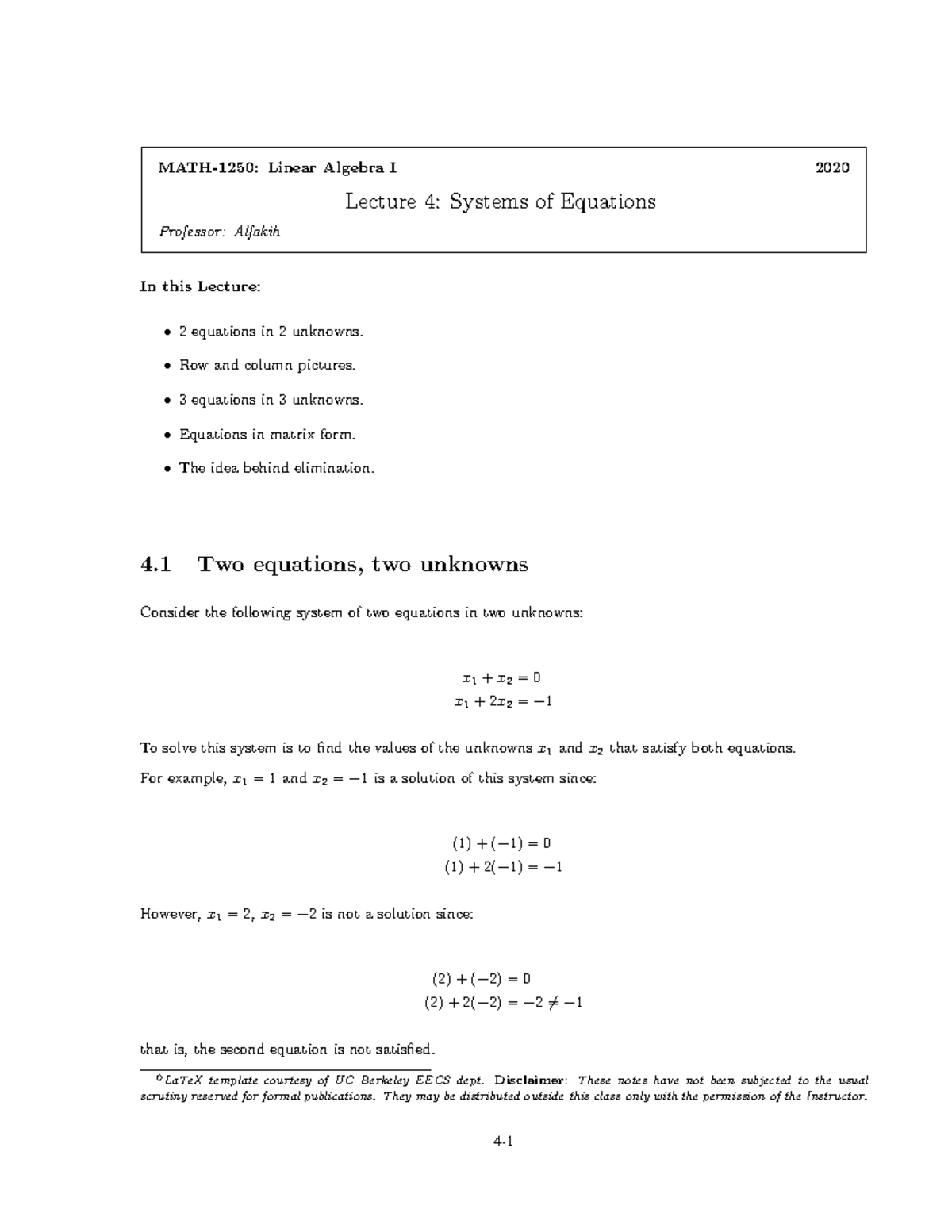 Lecture Four: Systems Of Equations MAT 223 - MATH-1250: Linear Algebra ...