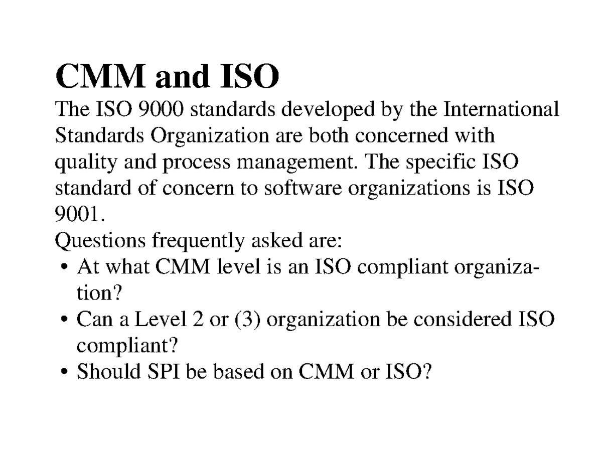 Mapping of iso and cmmi software process management CMM and ISO The