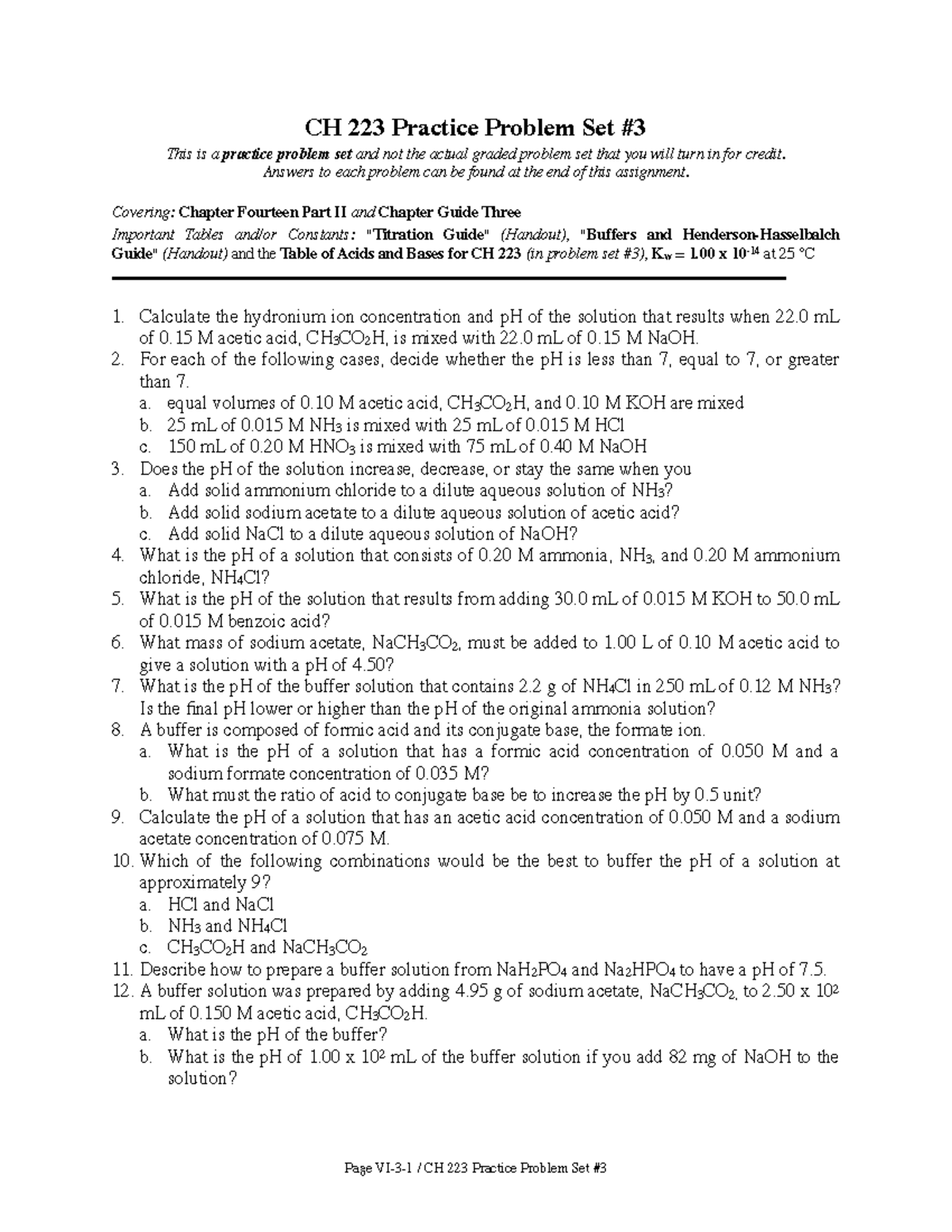 Buffers Revision chemistry fundamentals CH 223 Practice Problem Set