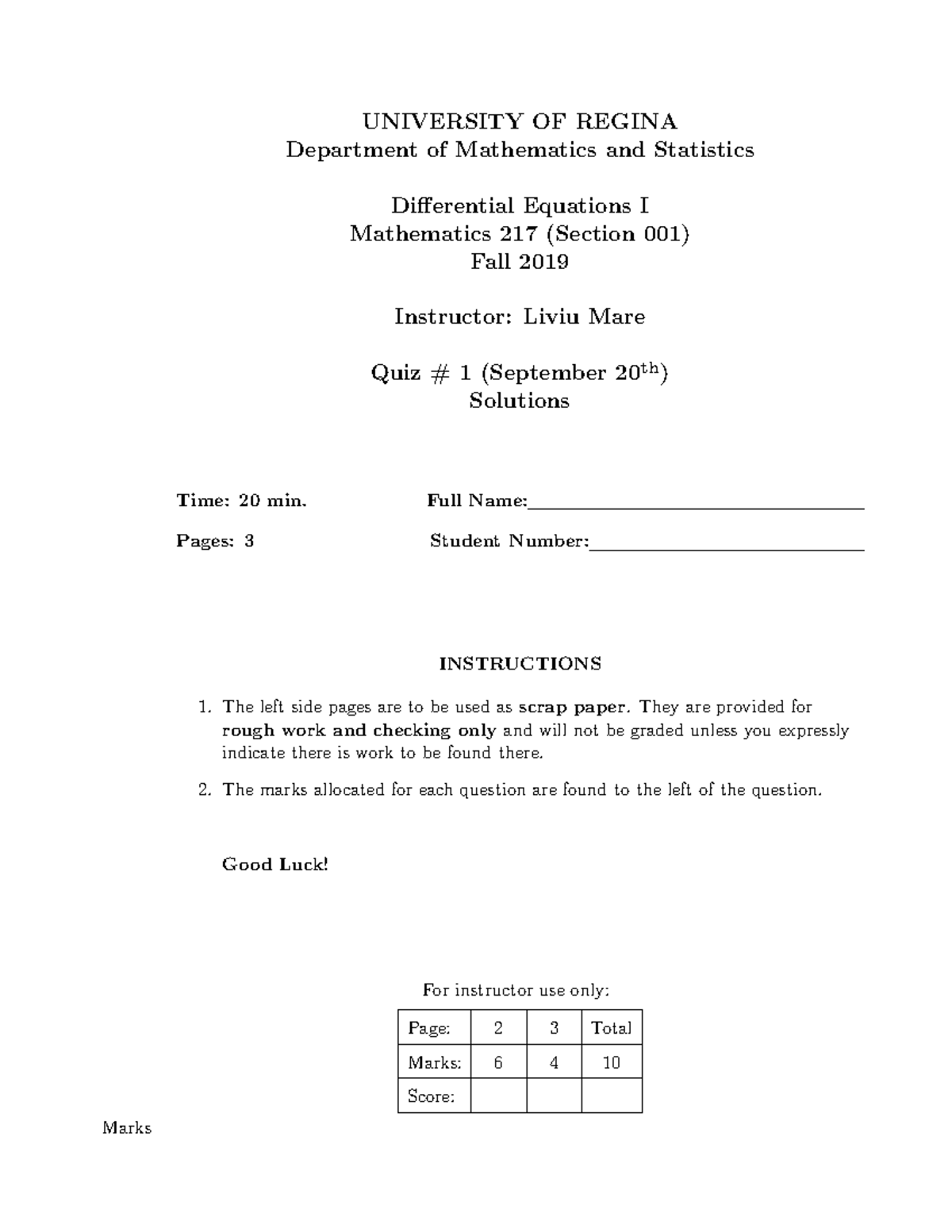 Quiz 1 Solutions - Differential Equations - UNIVERSITY OF REGINA ...