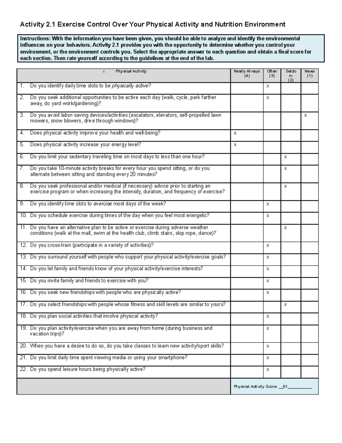 Activity 2.1 Exercise Control Over Your Physical Activity and Nutrition ...