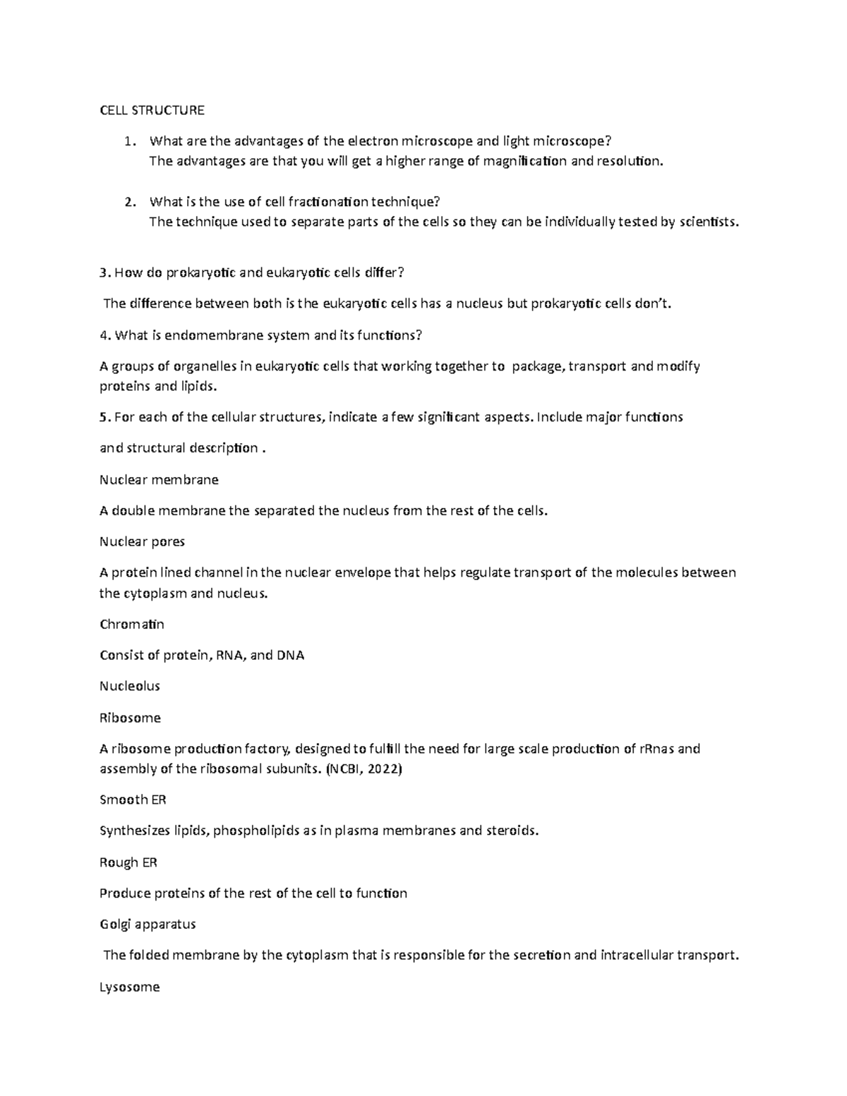 Week 3 - Chapter 6 Cell Participation work sheet - CELL STRUCTURE What ...