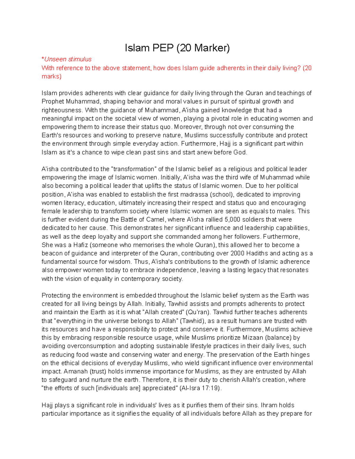 Islam PEP (20 Marker) - essay - Islam PEP (20 Marker) *Unseen stimulus ...