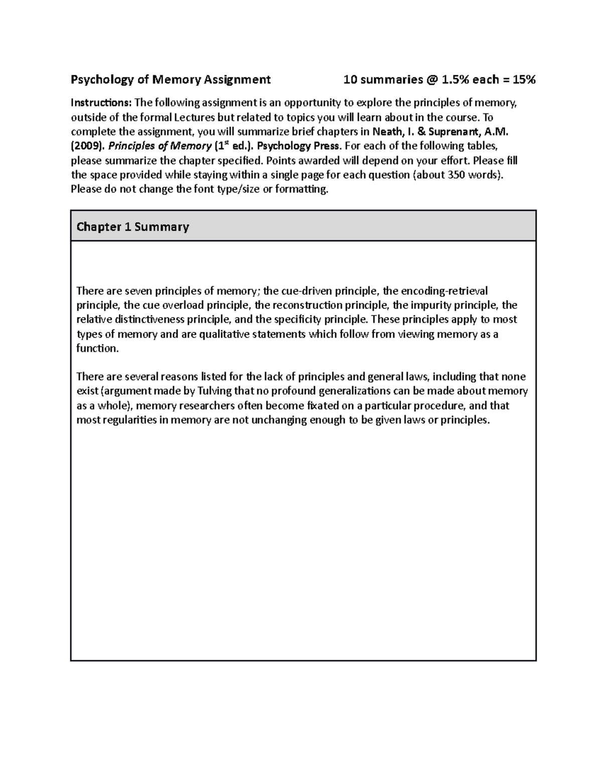 Memory Assignment - Chapter summaries from textbook - Instrucions: The ...